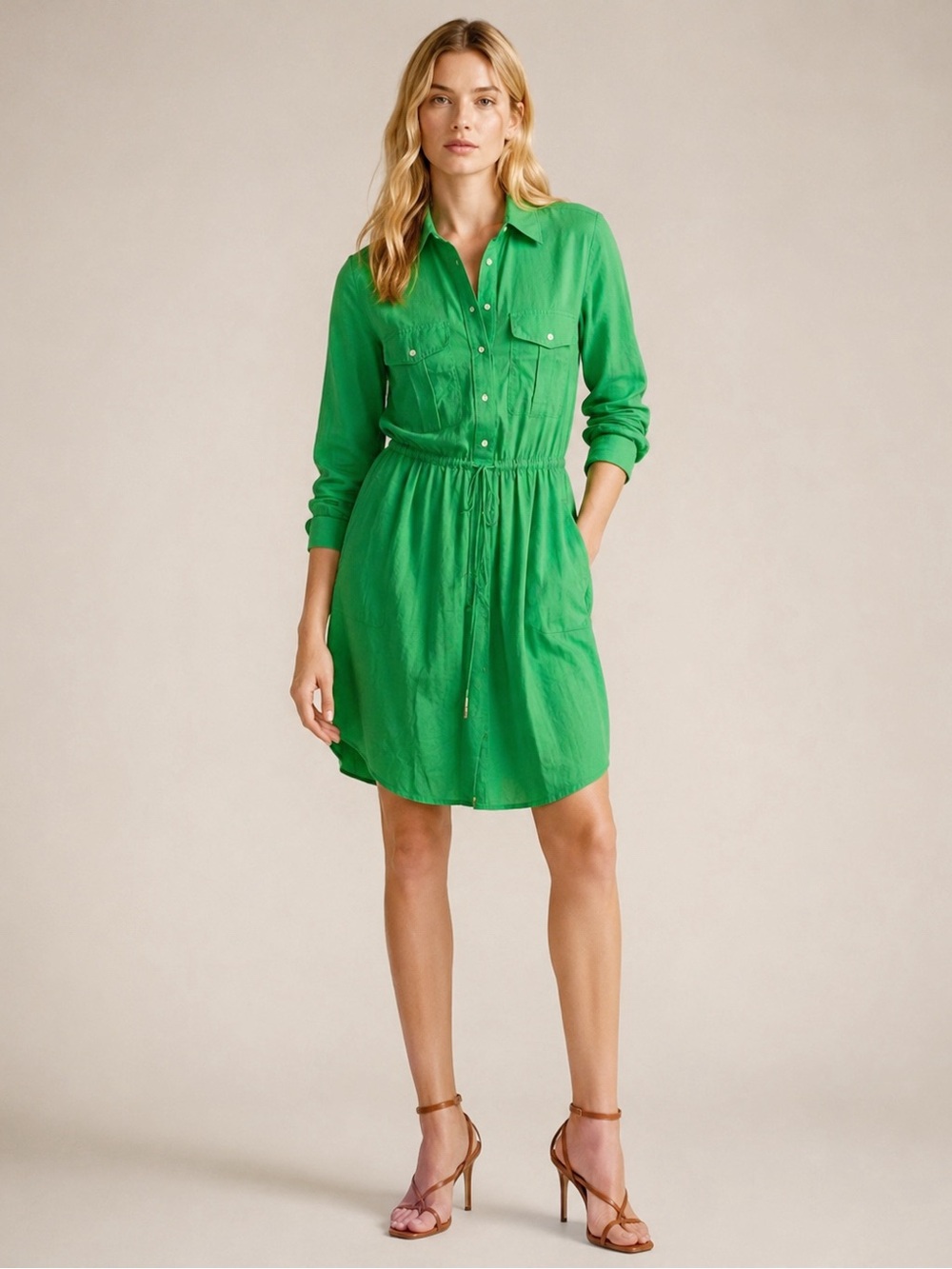 Lauren Ralph Lauren Woman Green Button Front Safari Dress US2 Classic Preppy